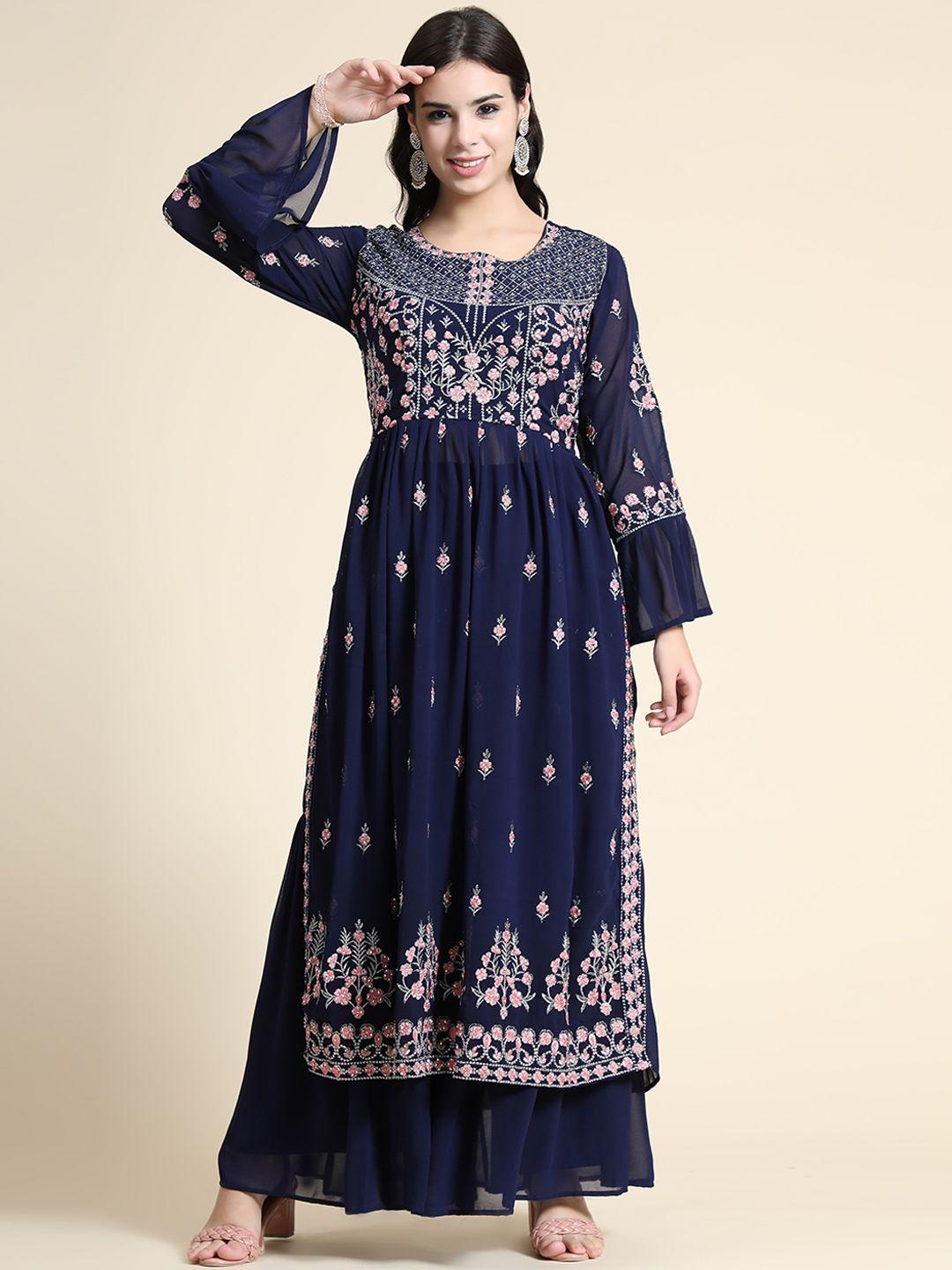 kalini women navy blue floral embroidered high slit kurta with sharara