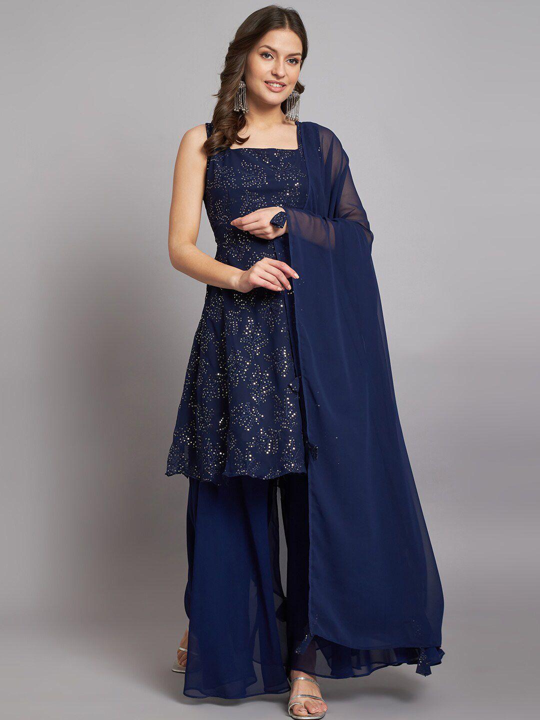 kalini women navy blue floral embroidered regular sequinned kurta with palazzos & with dupatta