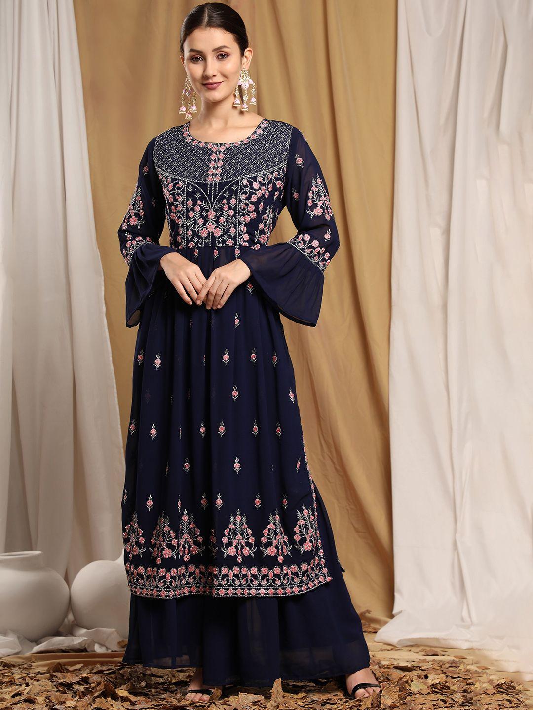 kalini women navy blue floral embroidered thread work kurta with sharara