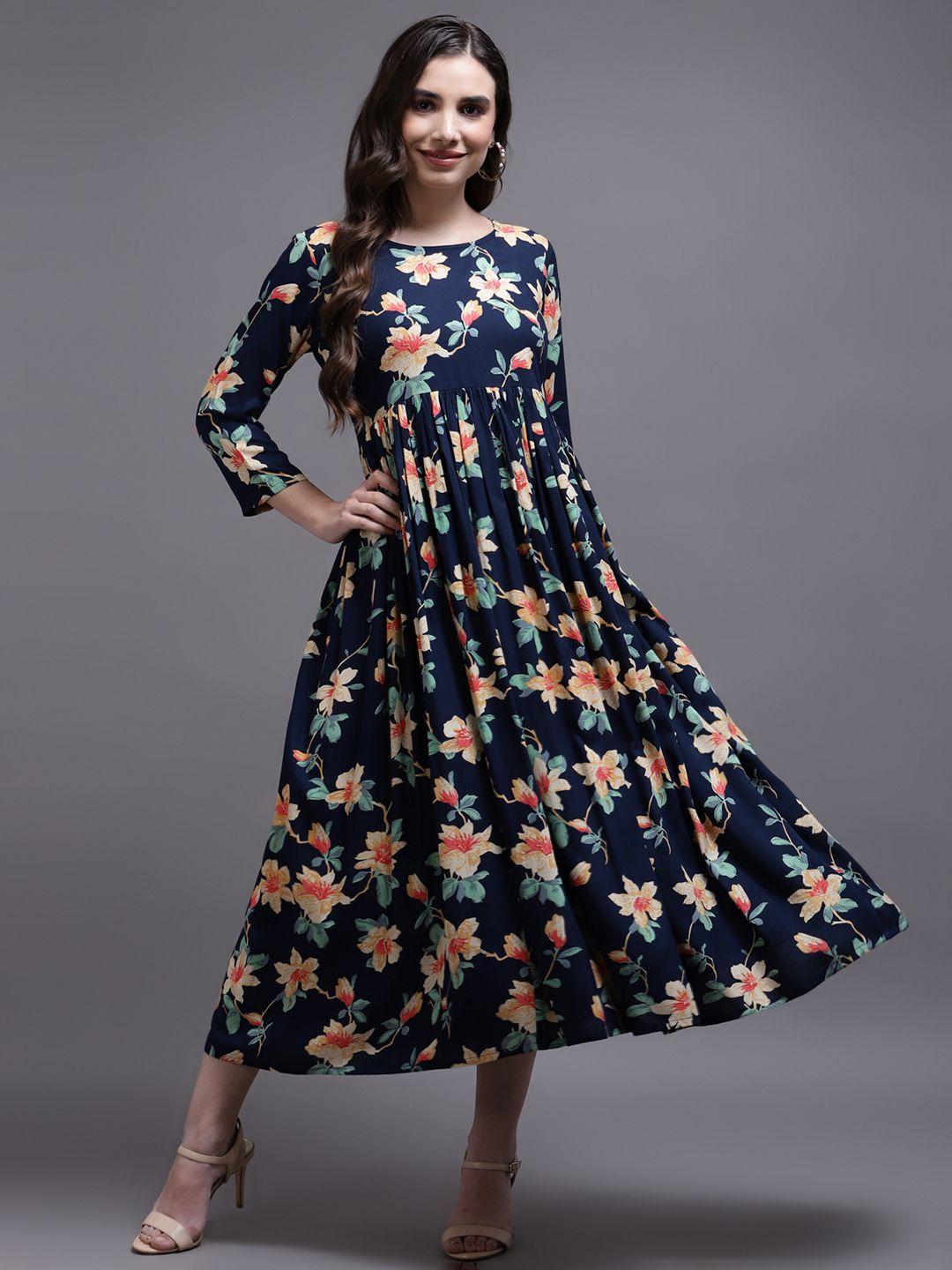 kalini women navy blue floral midi dress