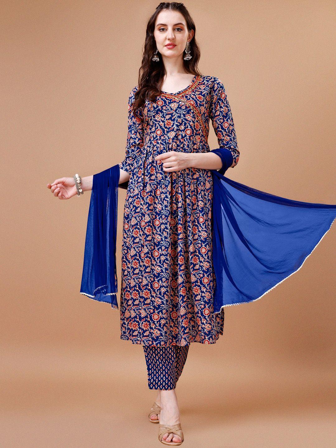 kalini women navy blue floral printed angrakha kurta with trousers & with dupatta