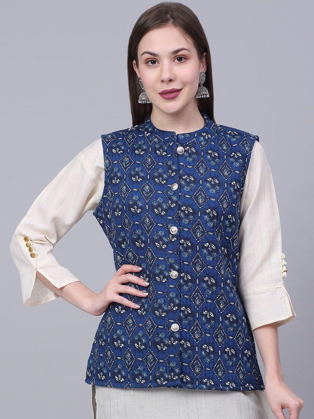 kalini women navy blue floral printed cotton lightweight tailored jacket