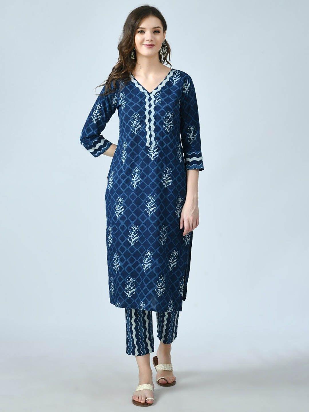 kalini women navy blue floral printed straight pure cotton kurta with trousers & dupatta