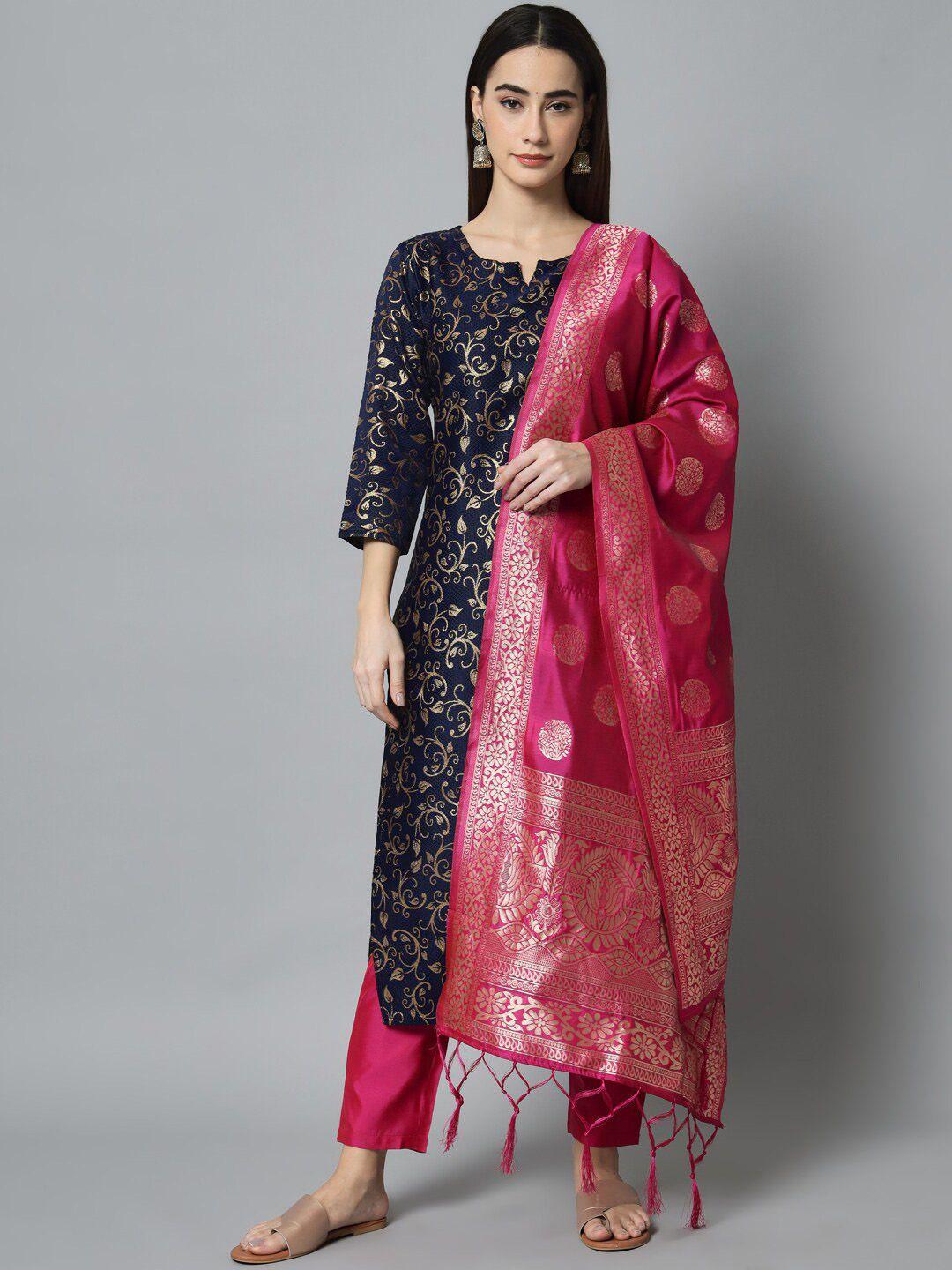 kalini women navy blue floral regular kurta with trousers & with dupatta