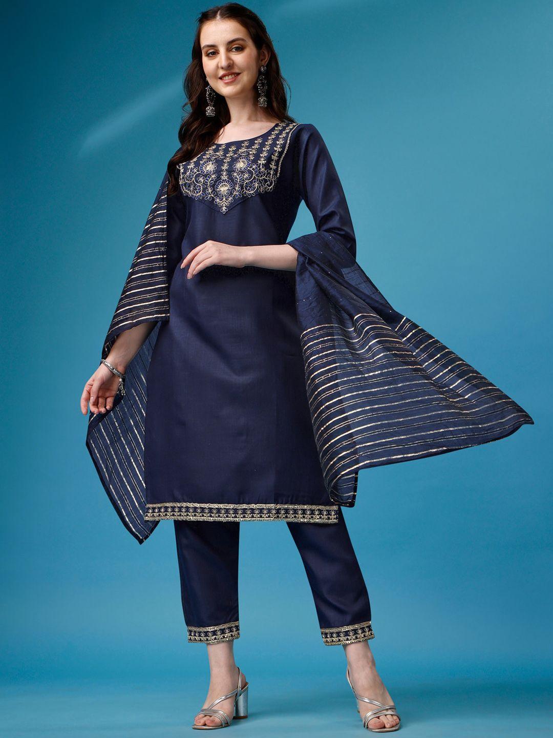 kalini women navy blue floral yoke design regular thread work kurta with trousers & with dupatta