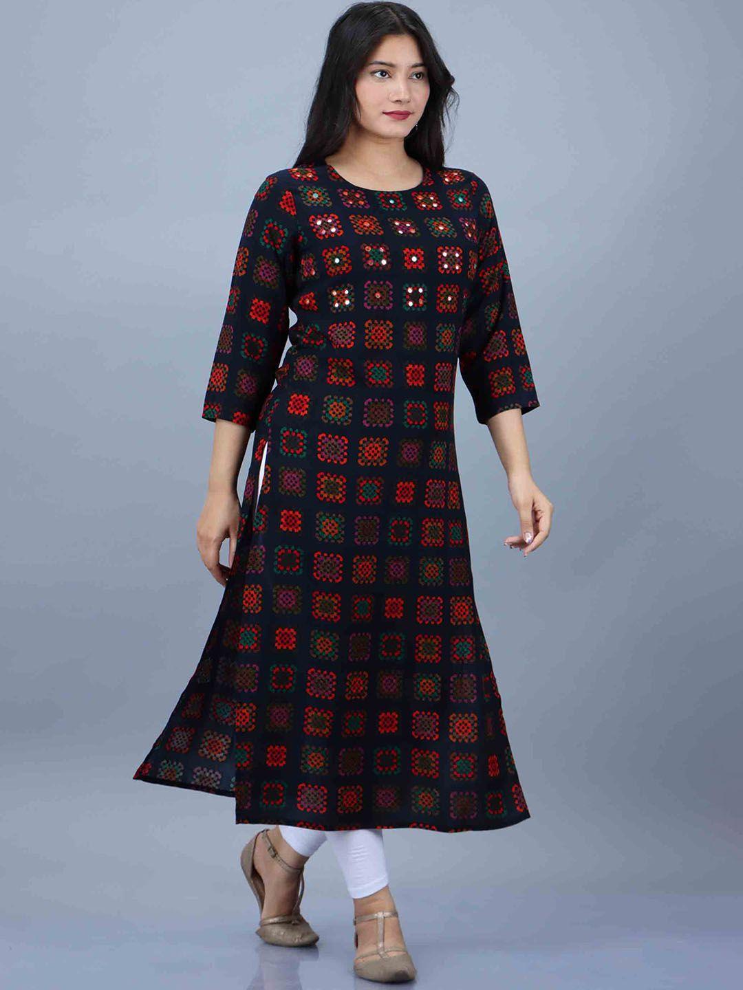 kalini women navy blue geometric embroidered mirror work kurta