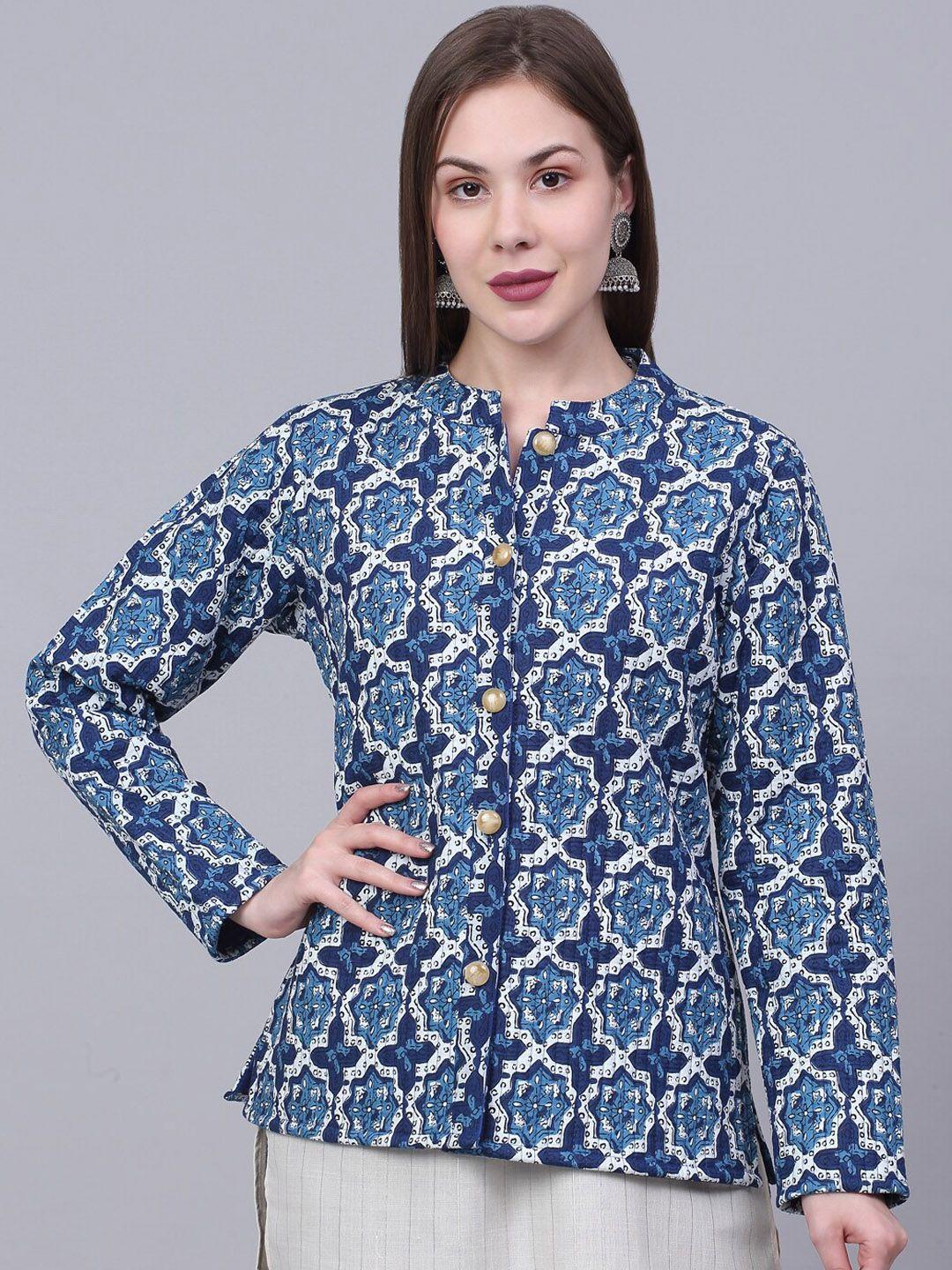 kalini women navy blue geometric printed cotton lightweight tailored jacket