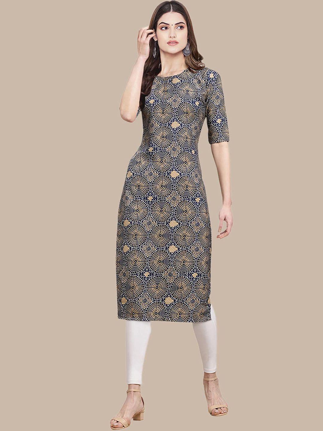 kalini women navy blue geometric printed crepe kurta