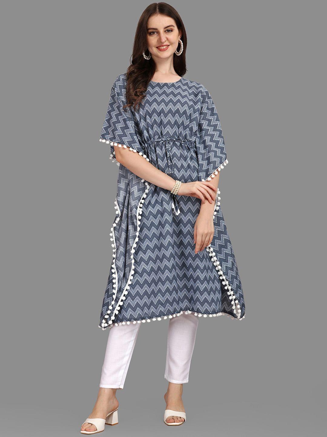 kalini women navy blue geometric printed flared sleeves cotton kaftan kurta