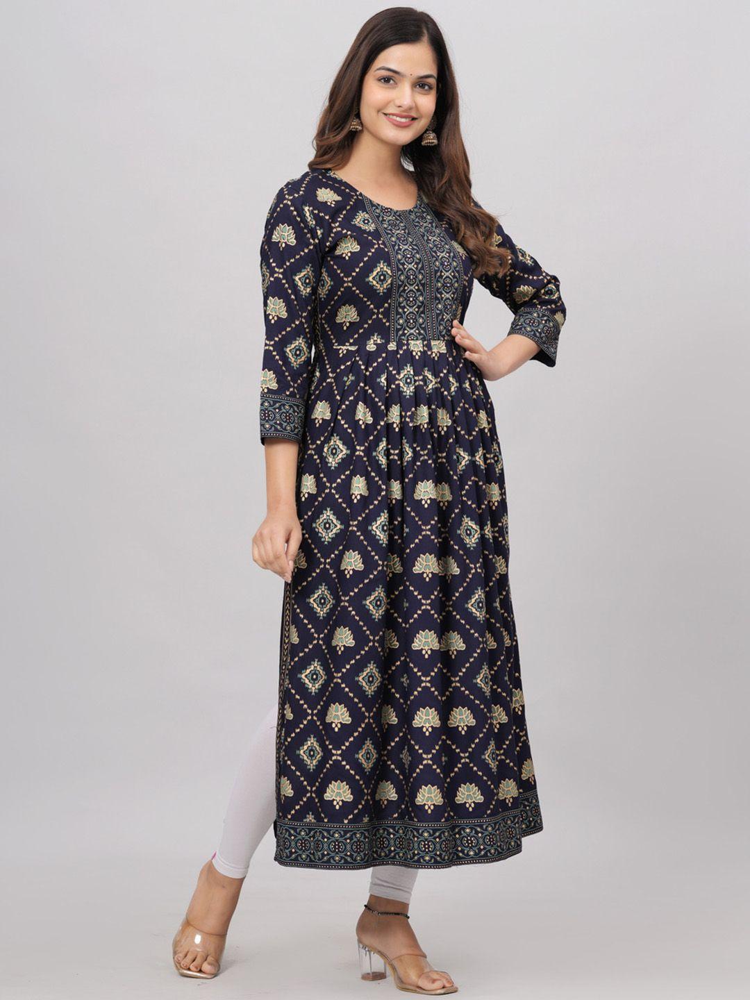 kalini women navy blue geometric printed thread work kurta