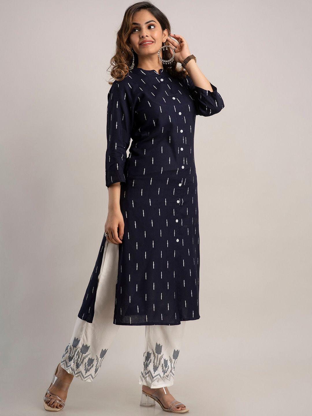 kalini women navy blue printed kurta with trousers