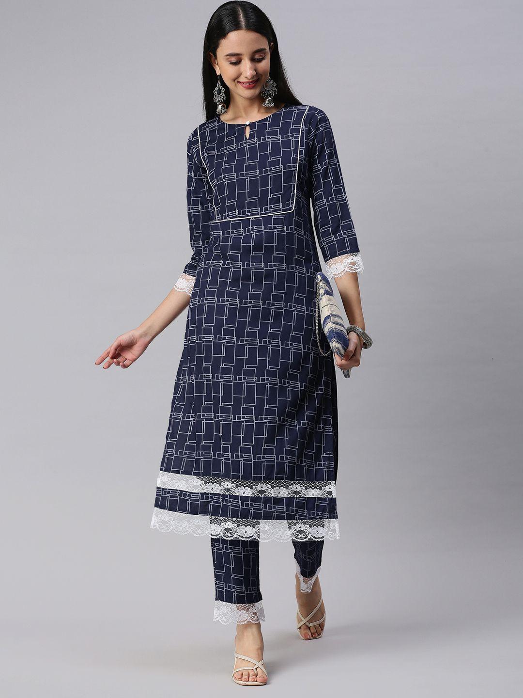 kalini women navy blue printed kurta with trousers