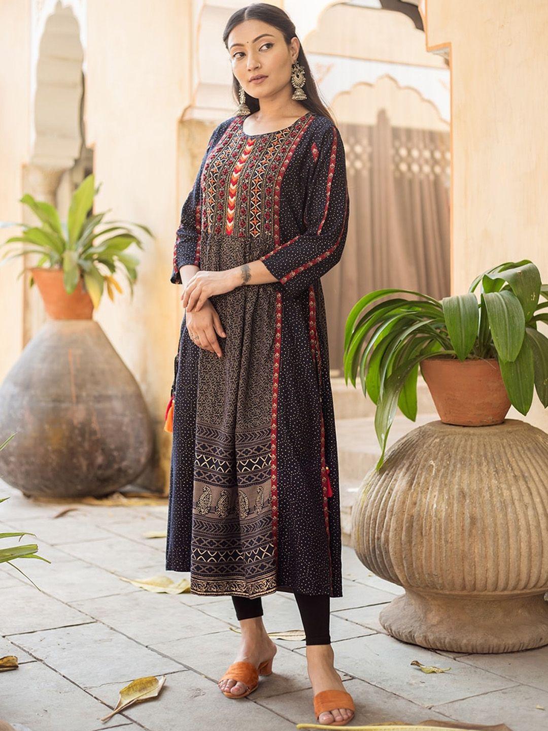 kalini women navy blue printed kurta