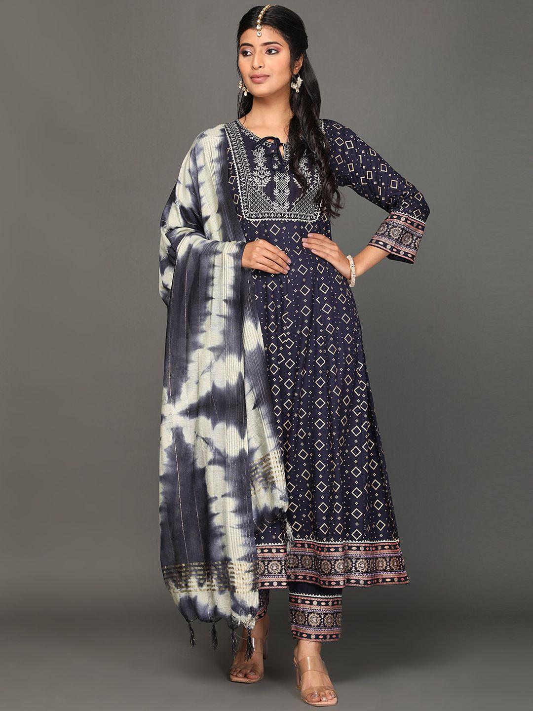 kalini women navy blue printed regular kurta with palazzos & with dupatta