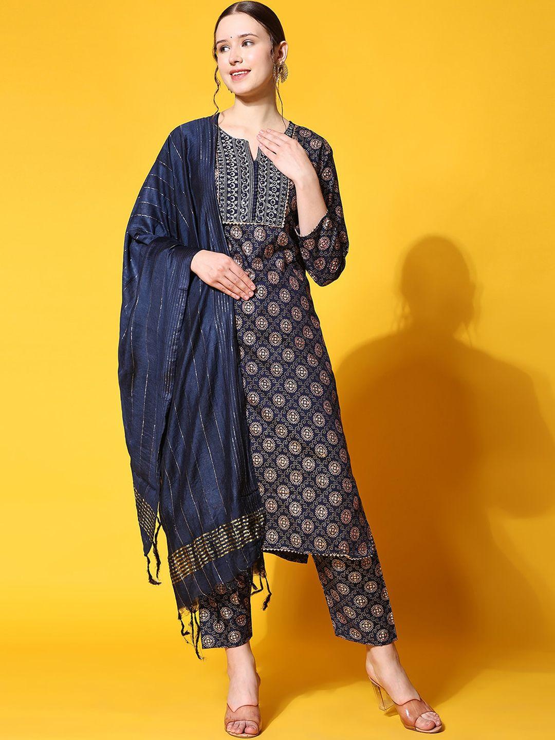 kalini women navy blue printed regular thread work kurta with trousers & with dupatta