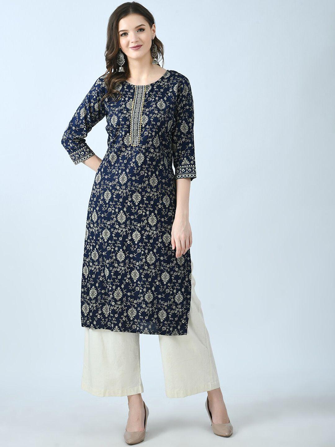 kalini women navy blue printed thread work kurta