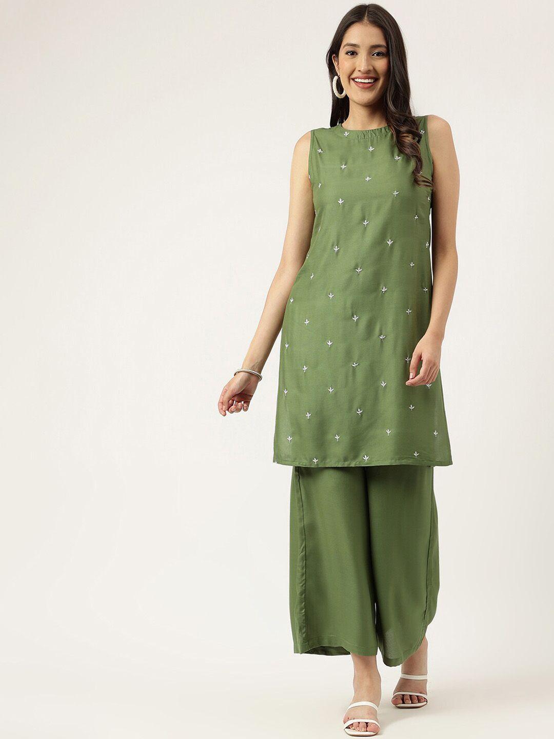 kalini women olive green ethnic motifs embroidered regular kurta with palazzos