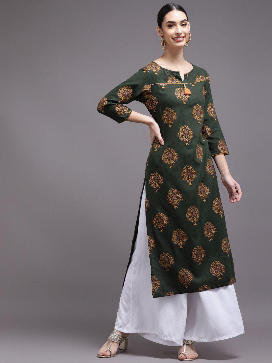 kalini women olive green ethnic motifs printed kurta