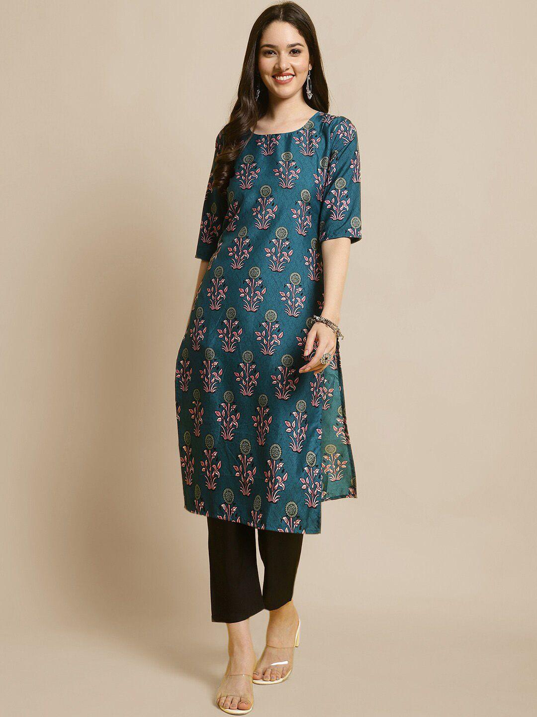 kalini women olive green floral printed regular kurta with trousers