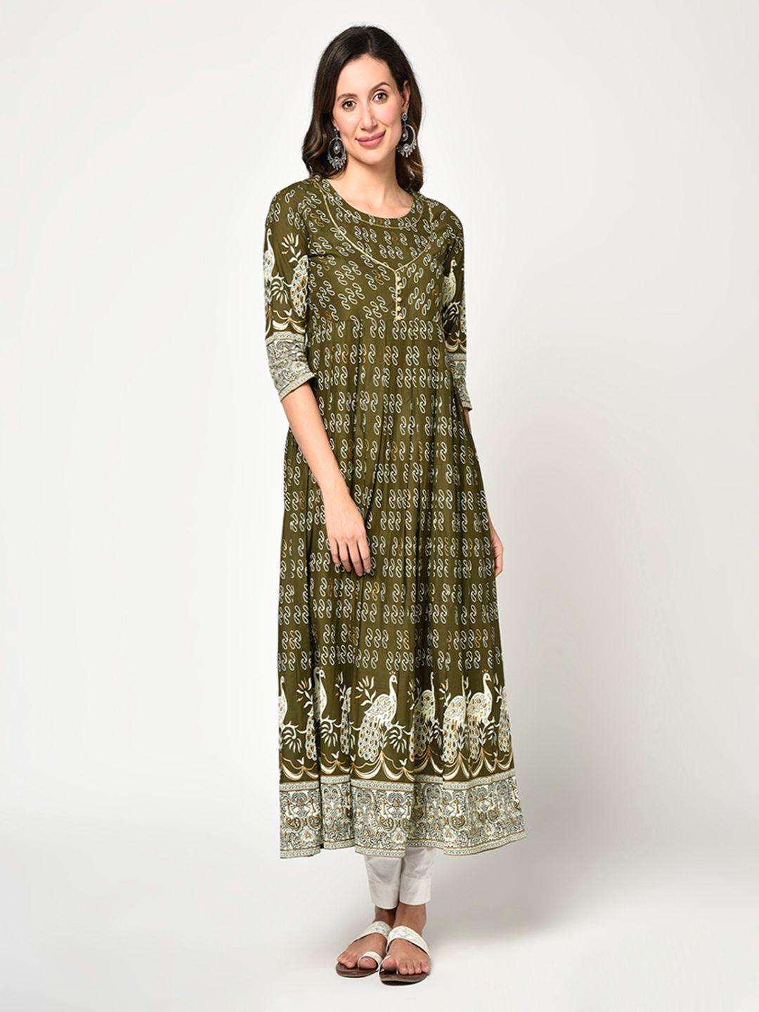 kalini women olive green printed anarkali kurta