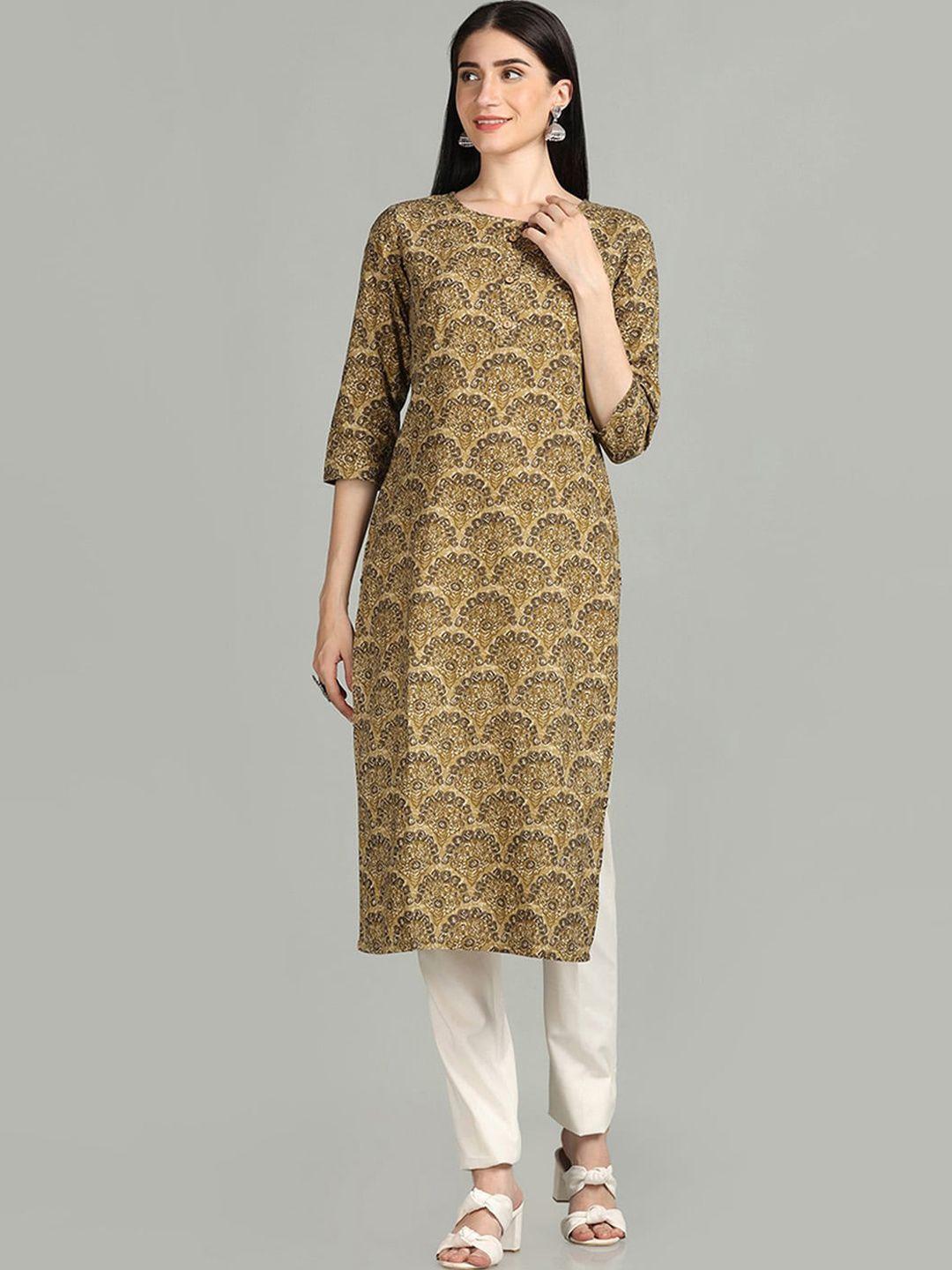 kalini women olive green printed cold-shoulder sleeves sequinned kurta