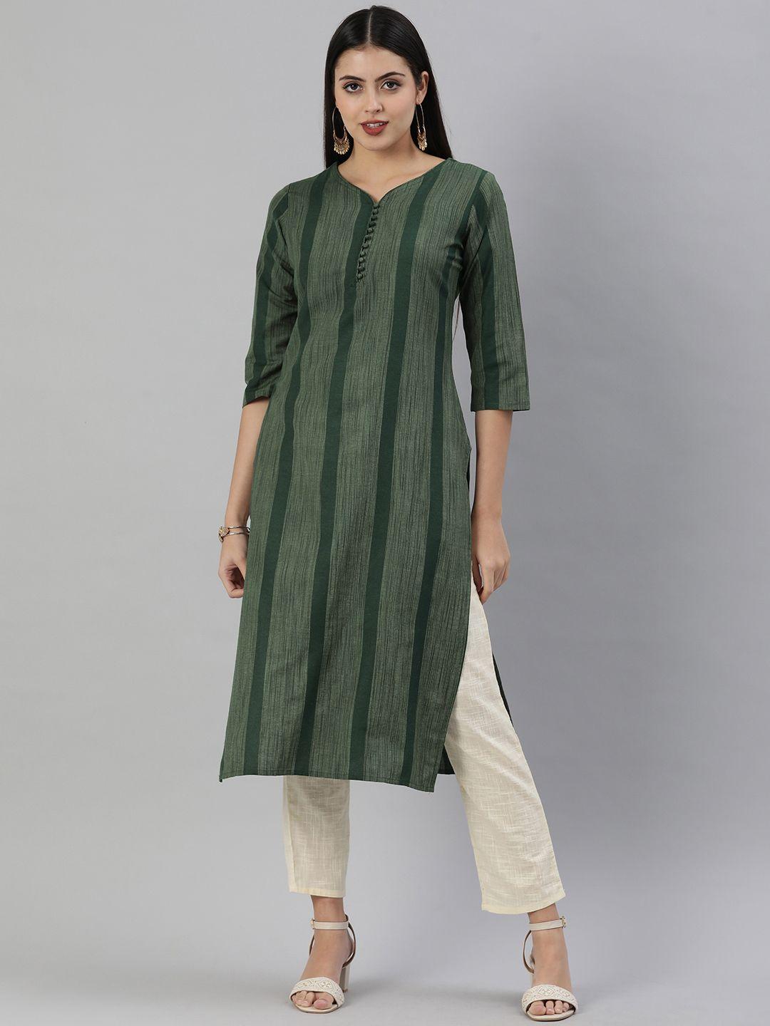 kalini women olive green self striped straight kurta