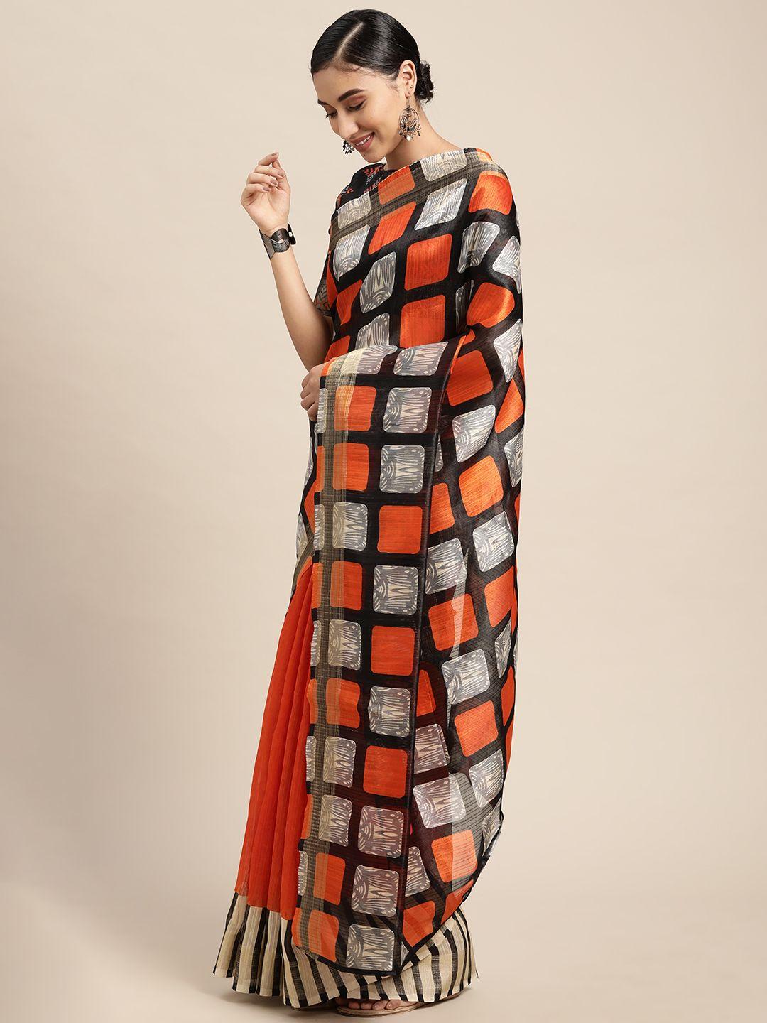 kalini women orange & black checked silk cotton saree