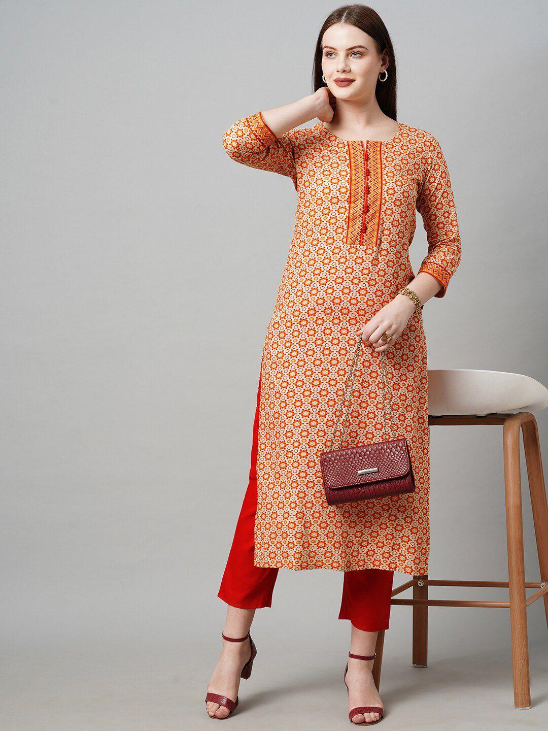 kalini women orange & red ethnic motifs printed kurta with trouser set