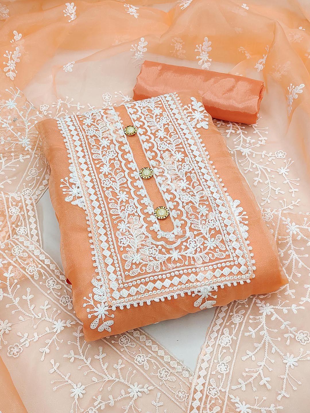kalini women orange & white embroidered organza unstitched dress material
