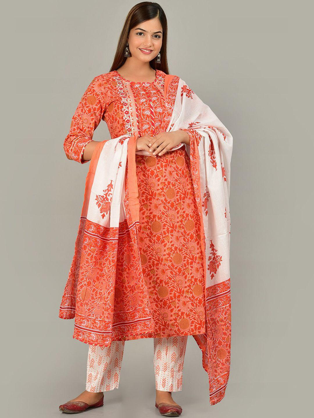 kalini women orange & white floral printed pure cotton kurta with trousers & dupatta