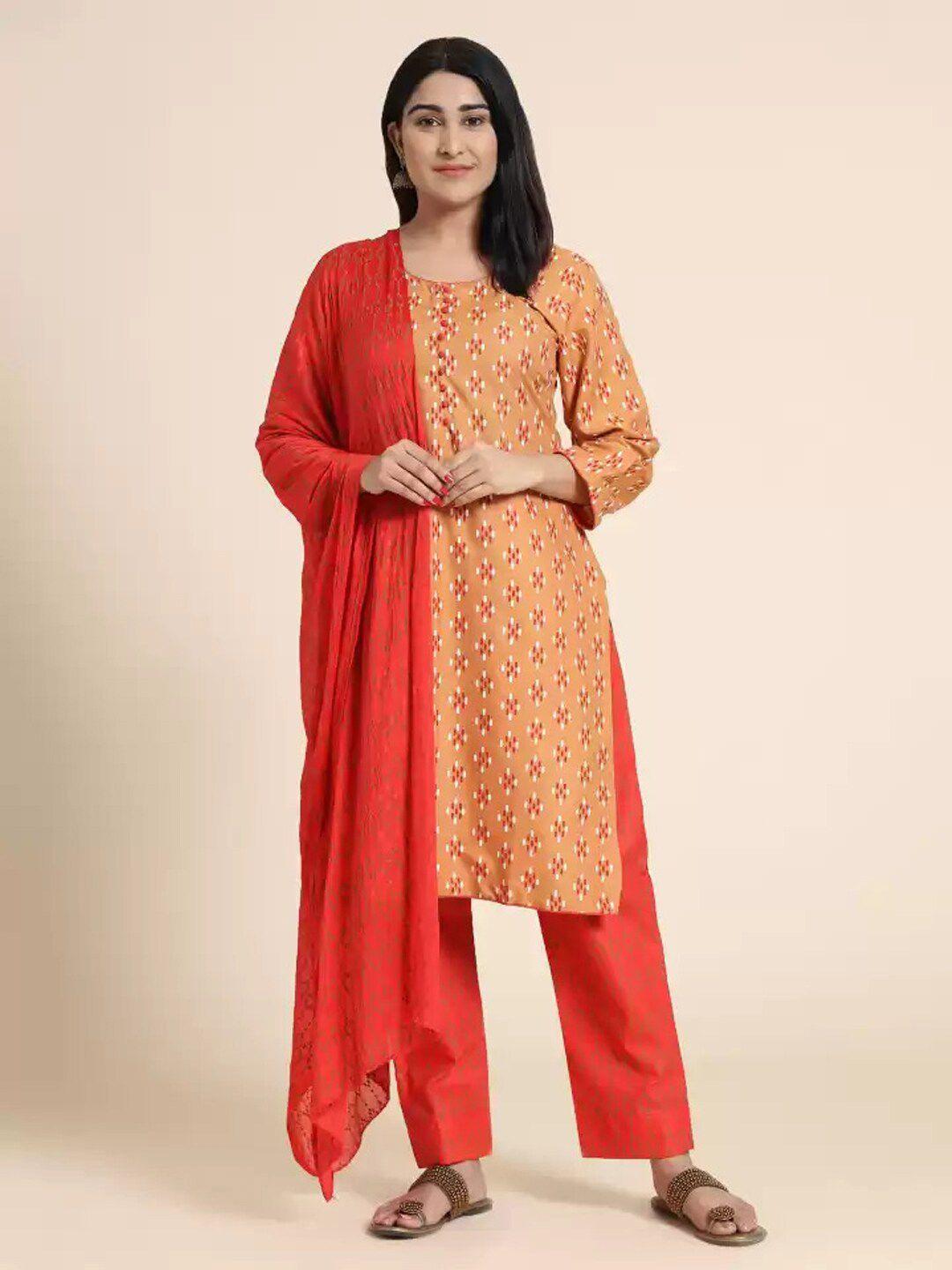 kalini women orange & white printed unstitched dress material