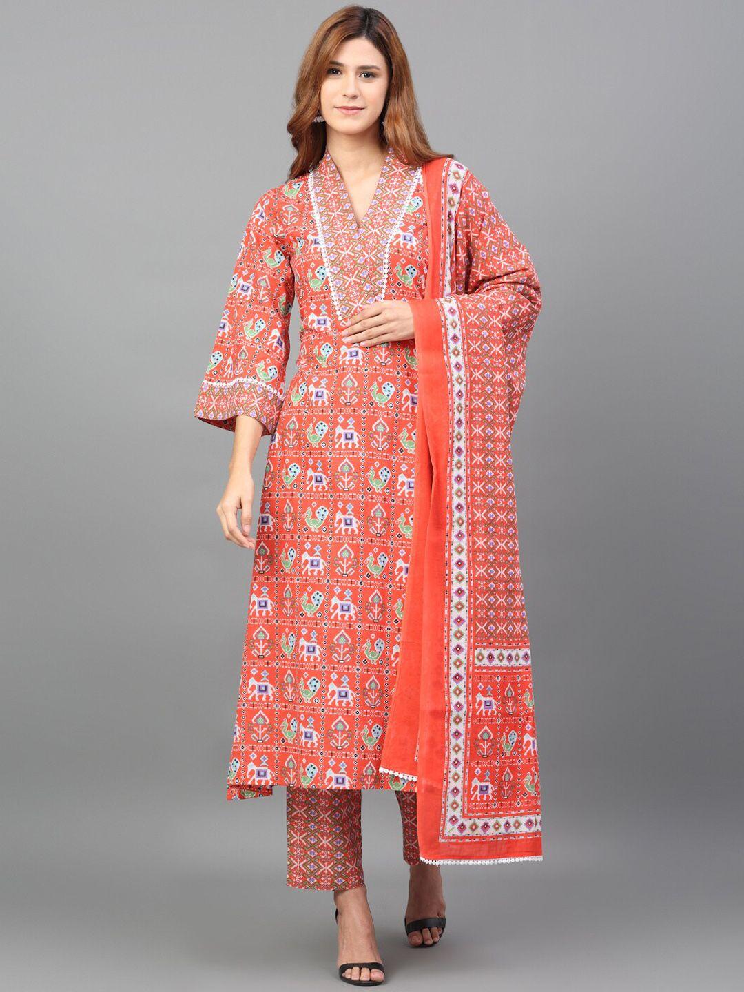 kalini women orange ethnic motifs printed empire thread work pure cotton kurta with palazzos & with dupatta