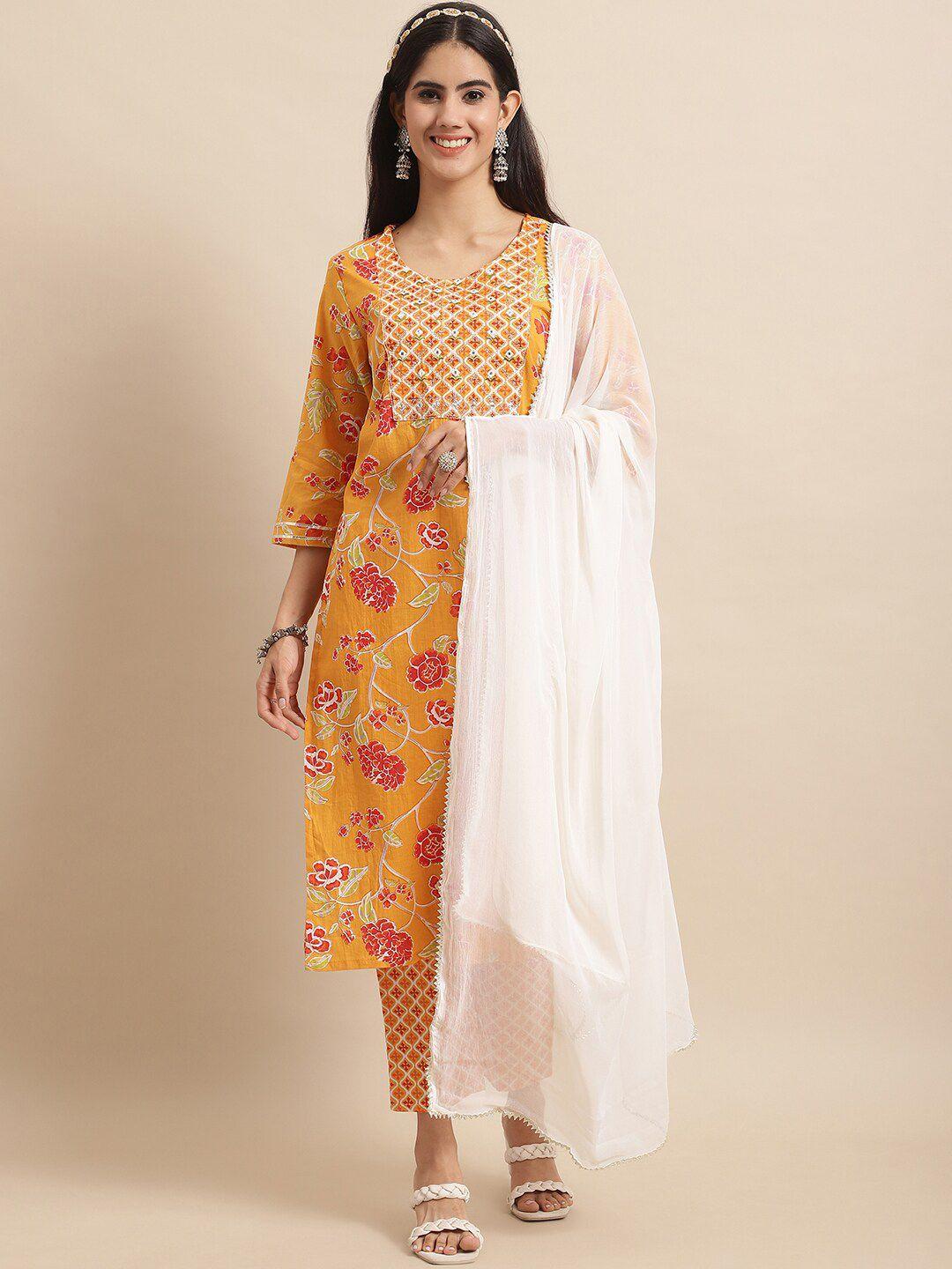 kalini women orange ethnic motifs printed regular mirror work pure cotton kurta with trousers & with dupatta