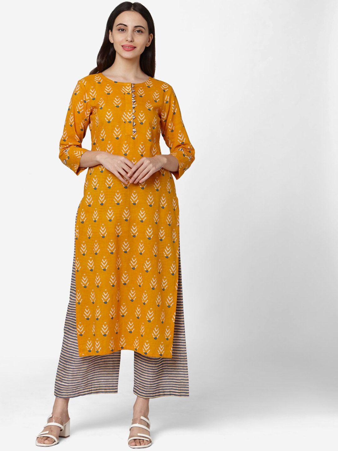 kalini women orange ethnic motifs printed regular pure cotton kurta with palazzos