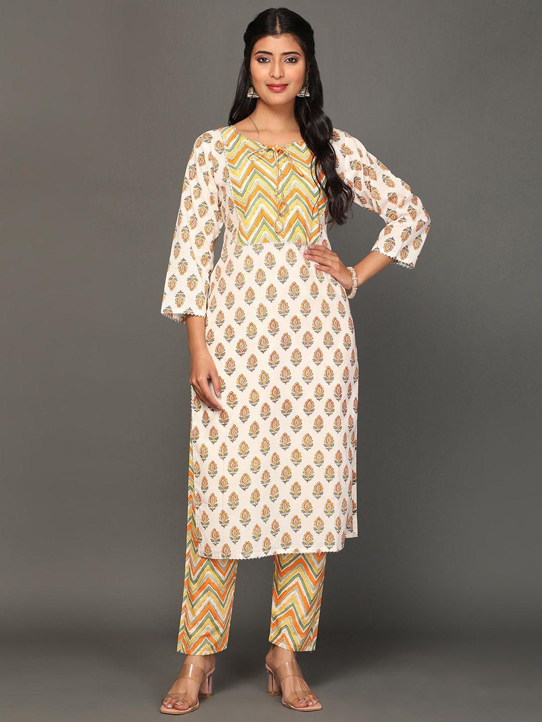 kalini women orange ethnic motifs printed regular pure cotton kurta with trousers & with dupatta