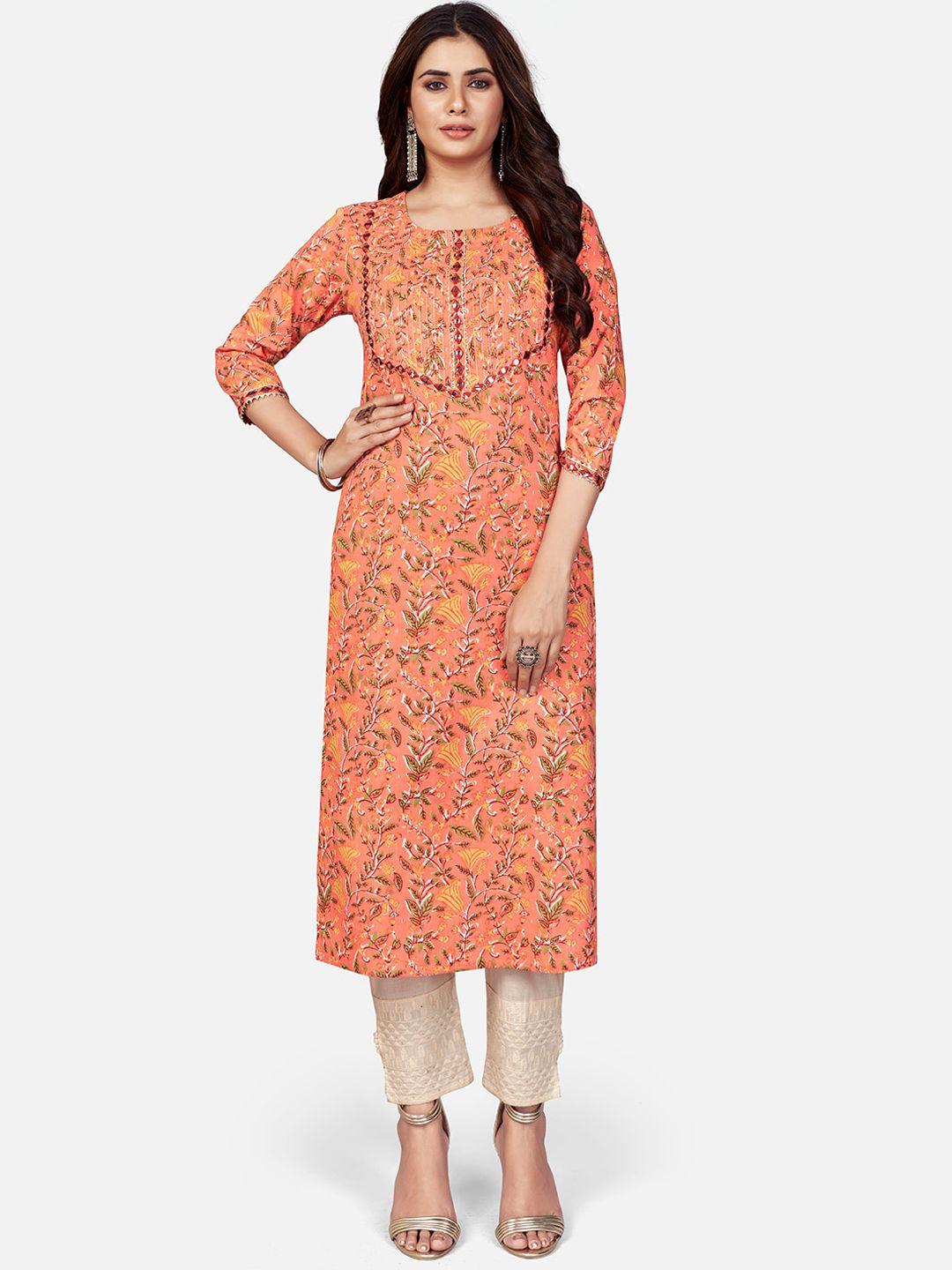 kalini women orange floral printed mirror work kurta