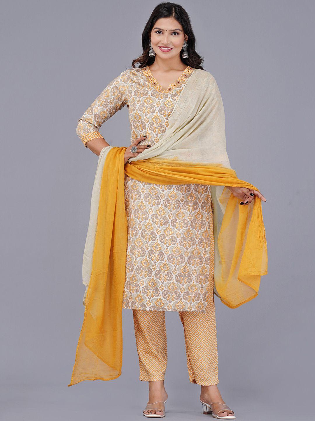 kalini women orange floral regular aari work kurta with pyjamas & with dupatta