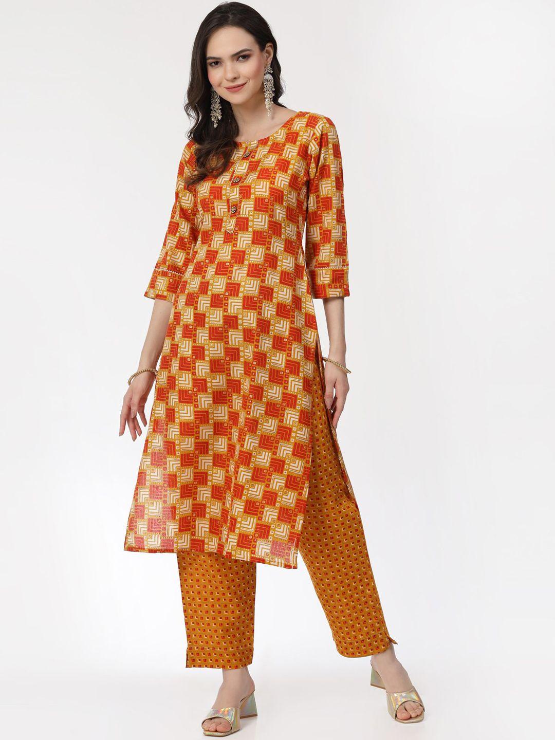 kalini women orange printed regular pure cotton kurta with trousers