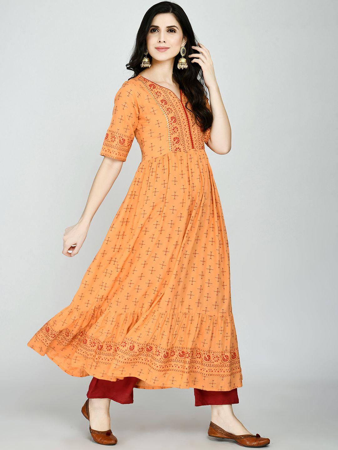 kalini women orange striped flared sleeves anarkali kurta