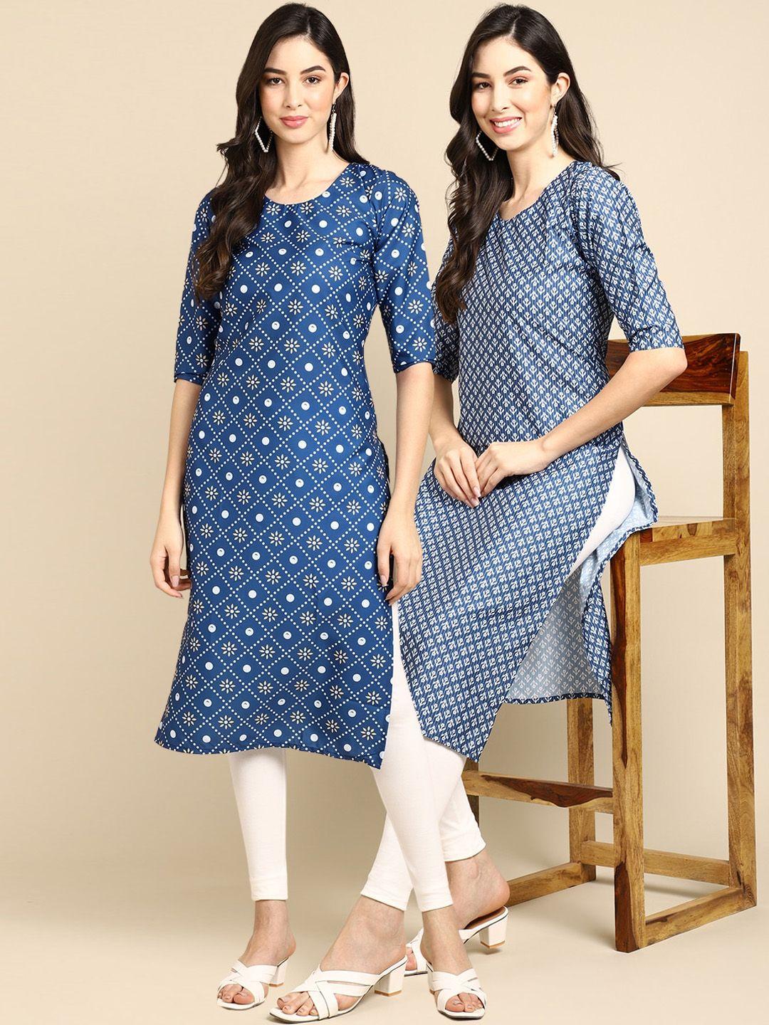 kalini women pack of 2 blue block print handloom crepe kurta