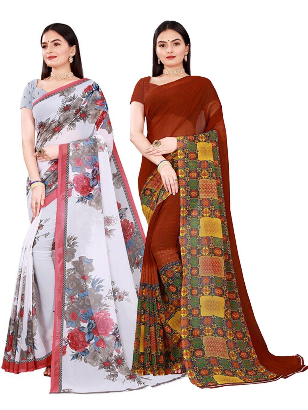 kalini women pack of 2 brown & white floral and geometric printed pure georgette saree