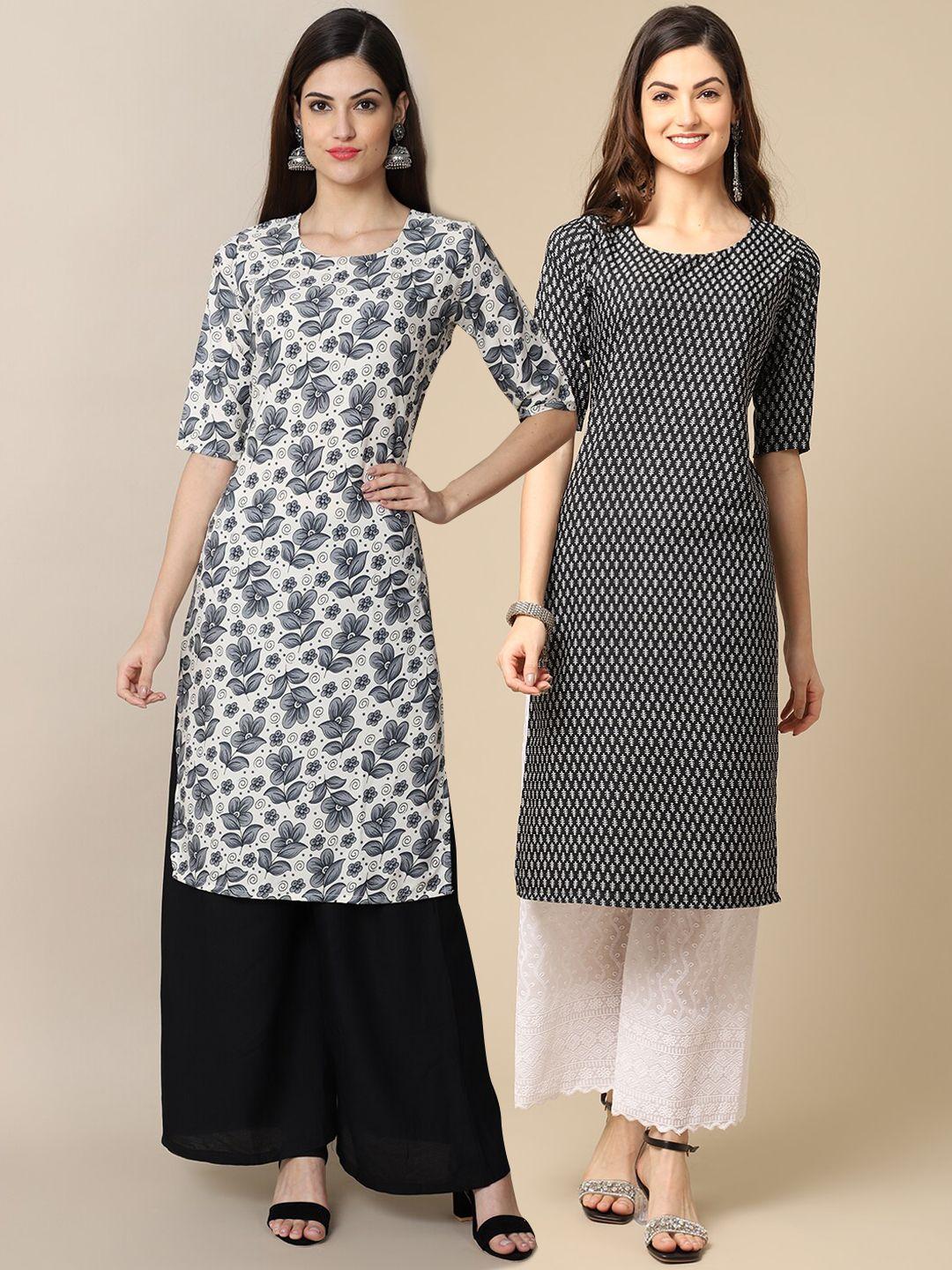 kalini women pack of 2 grey & black geometric printed crepe kurta