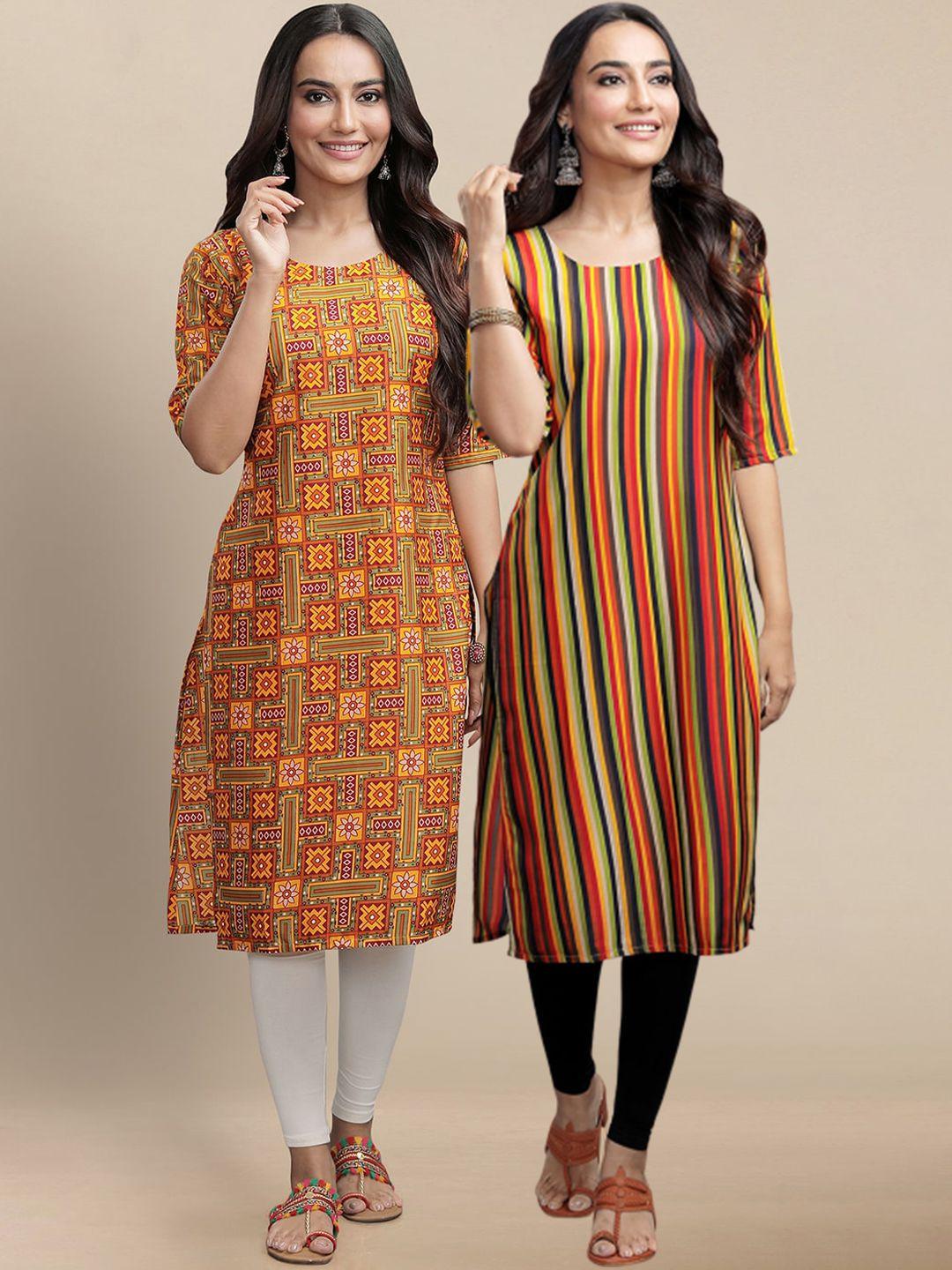 kalini women pack of 2 mustard yellow printed crepe straight kurta