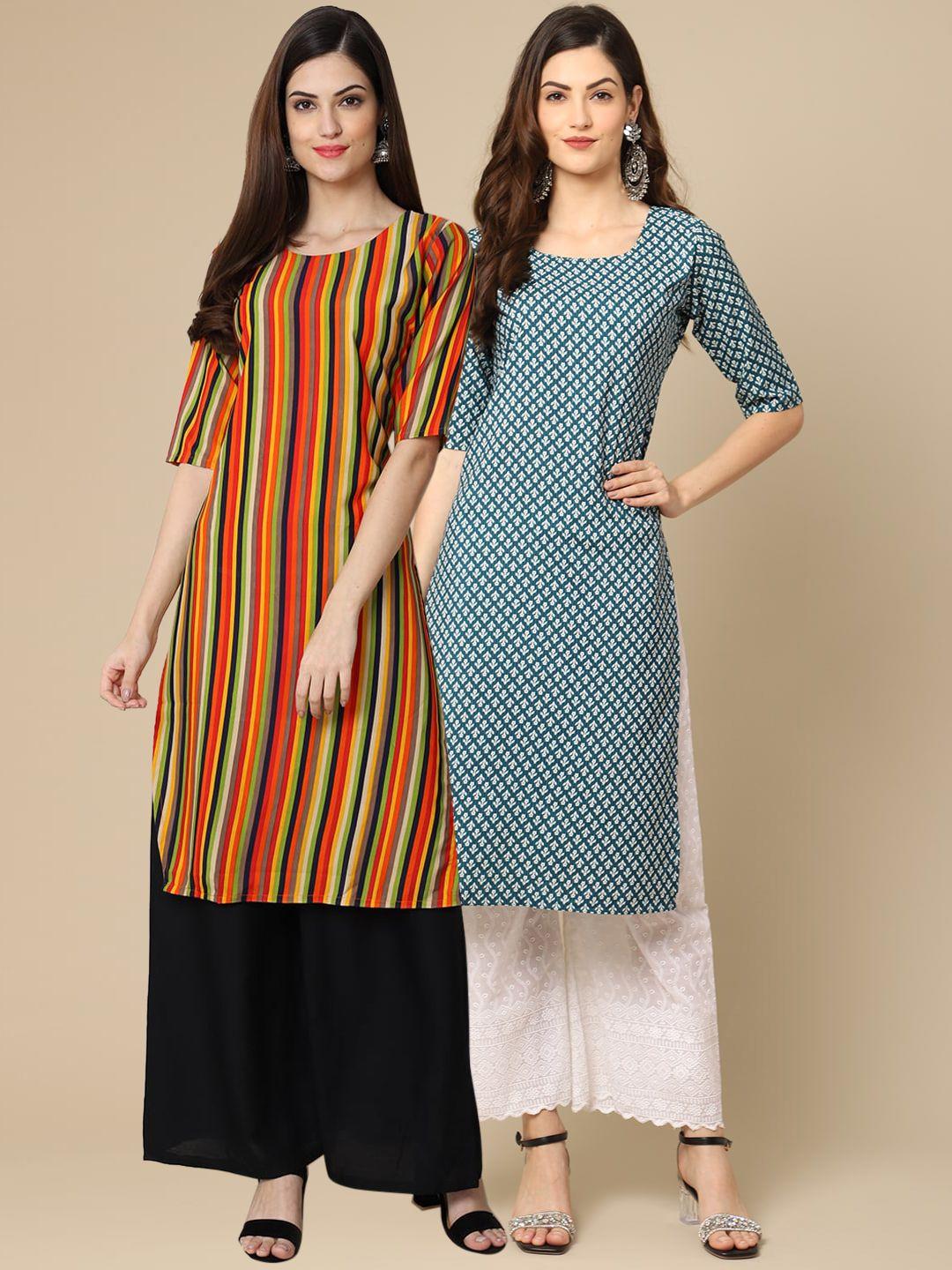 kalini women pack of 2 orange & blue geometric striped crepe kurta