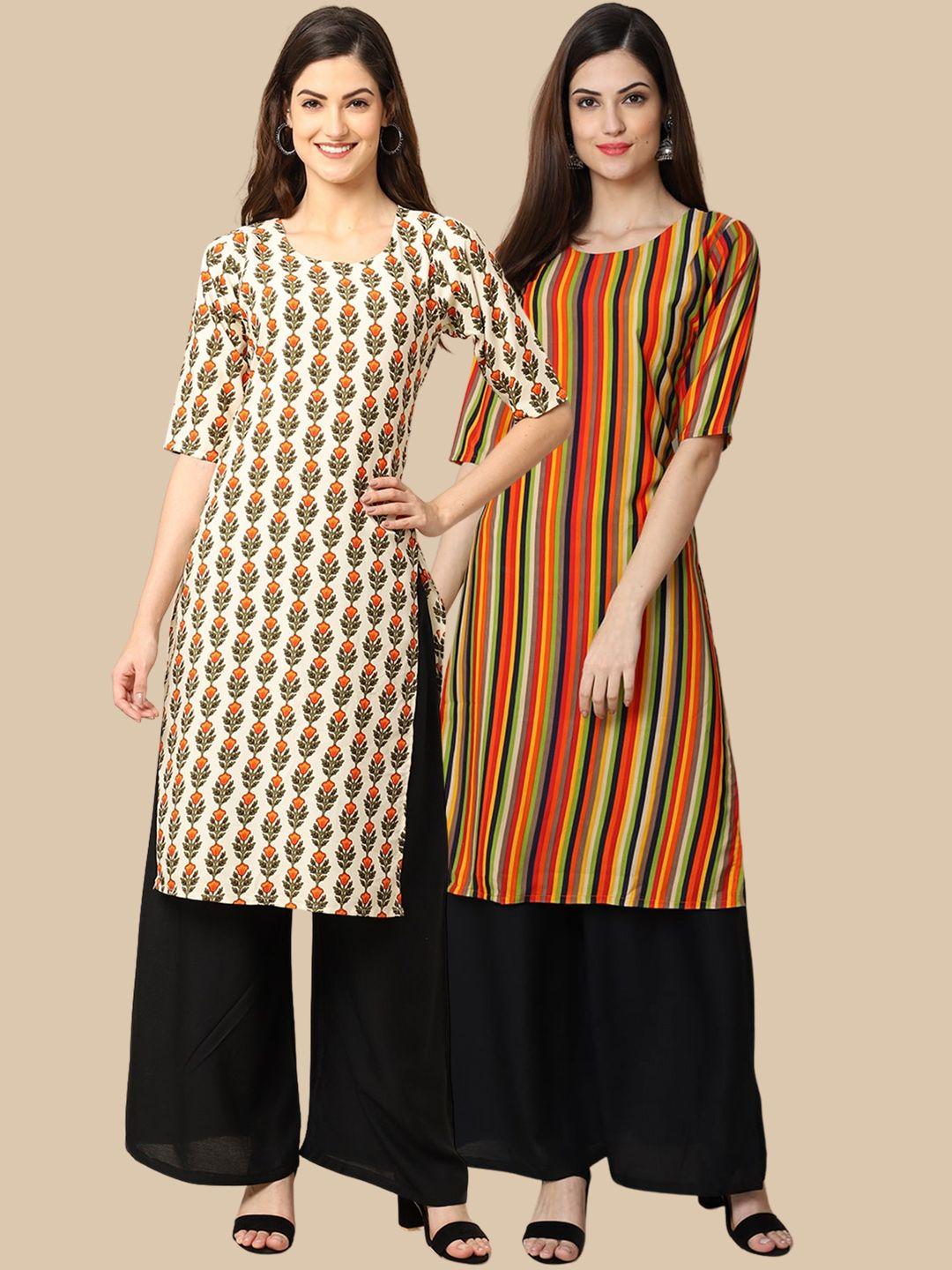 kalini women pack of 2 orange & white striped crepe kurta