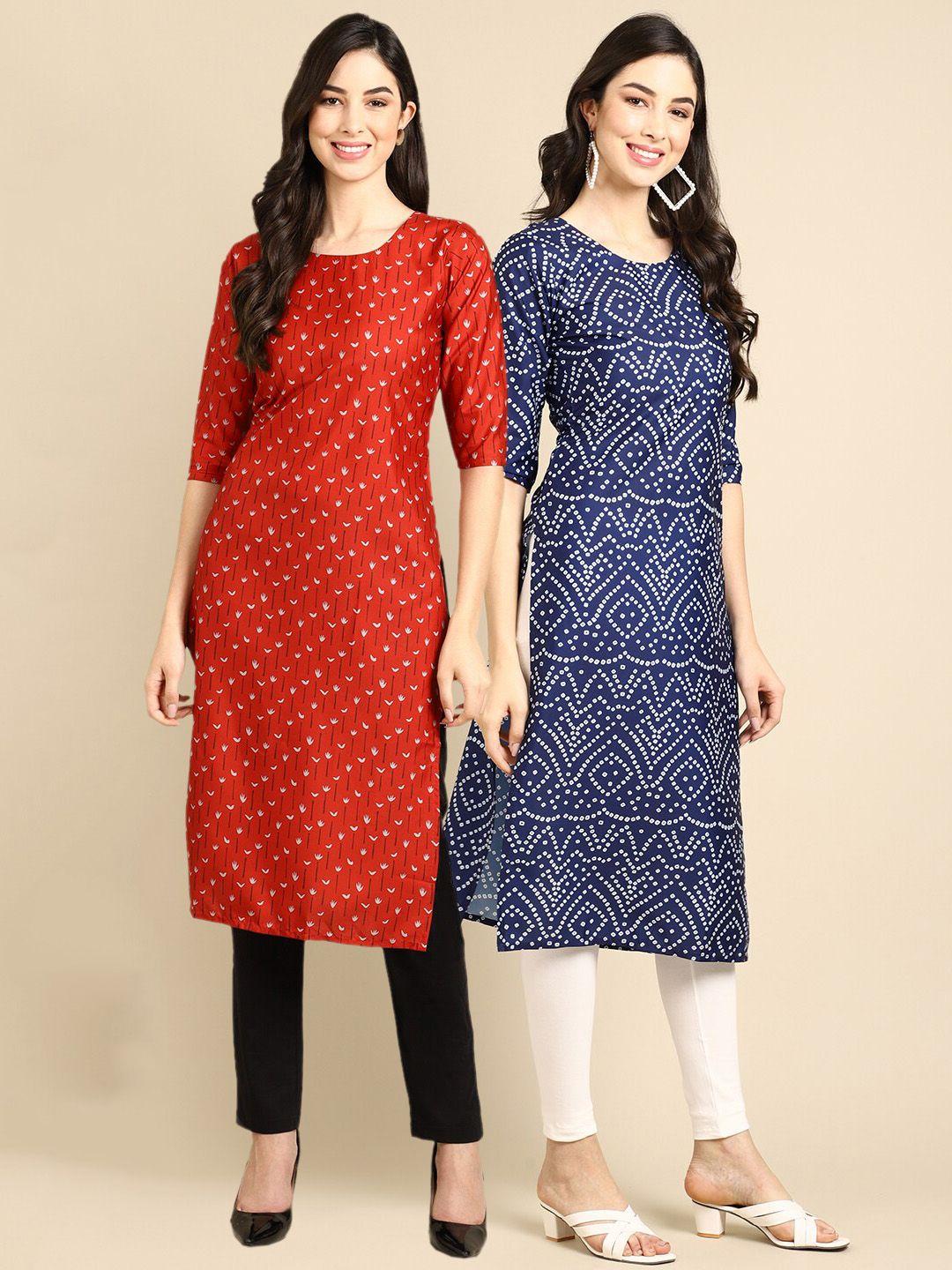 kalini women pack of 2 red & blue geometric printed block print handloom crepe kurta