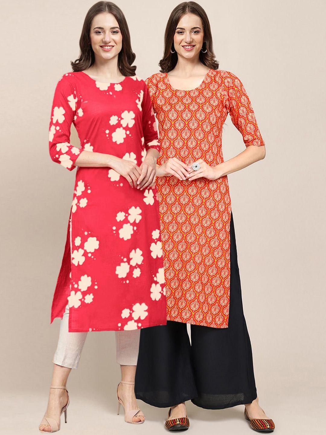 kalini women pack of 2 red & orange floral printed block print crepe kurta