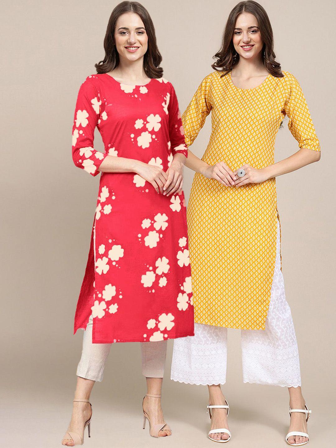 kalini women pack of 2 red & yellow floral printed crepe kurta