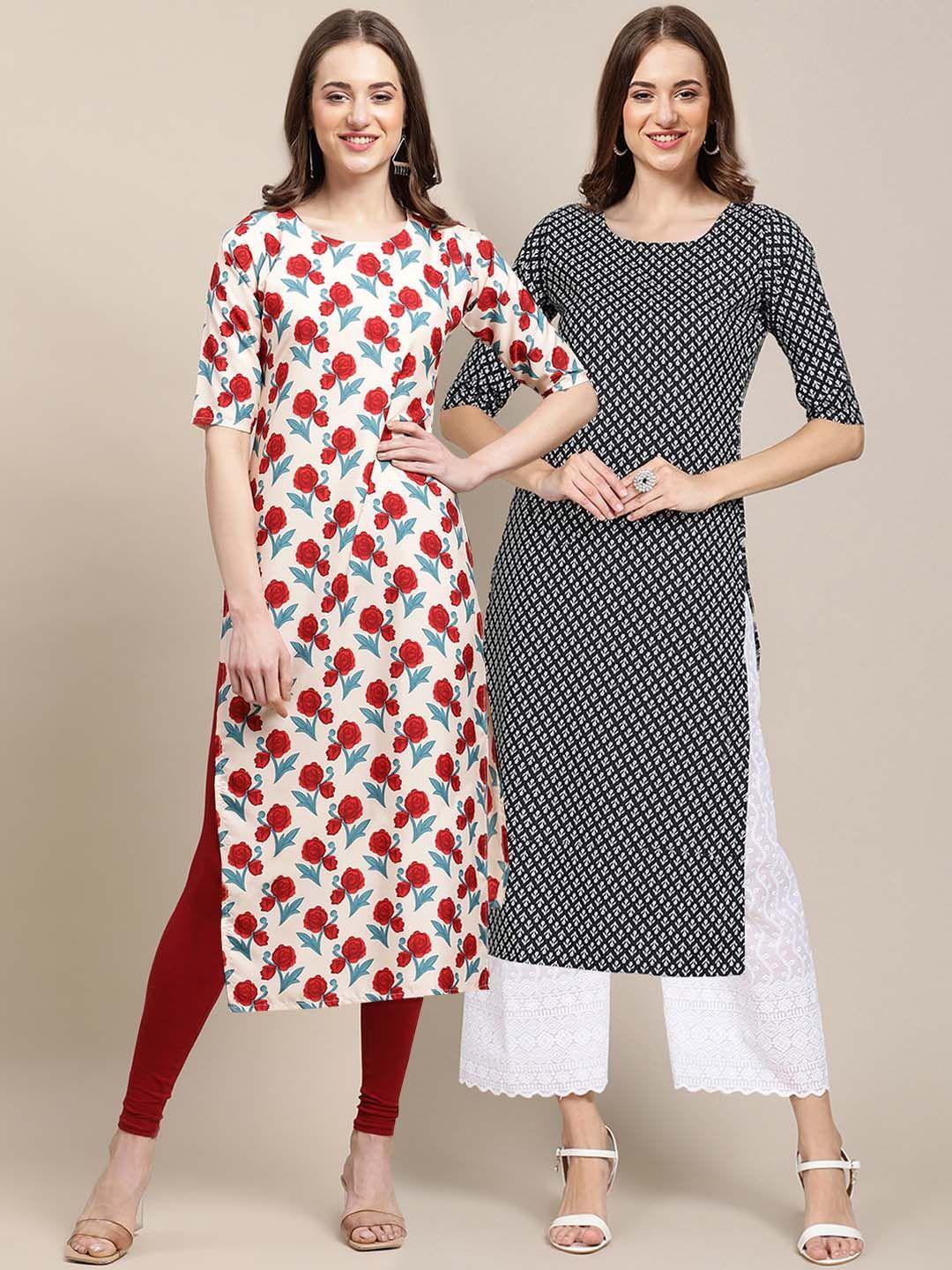 kalini women pack of 2 white & black geometric printed summer sheers crepe kurta