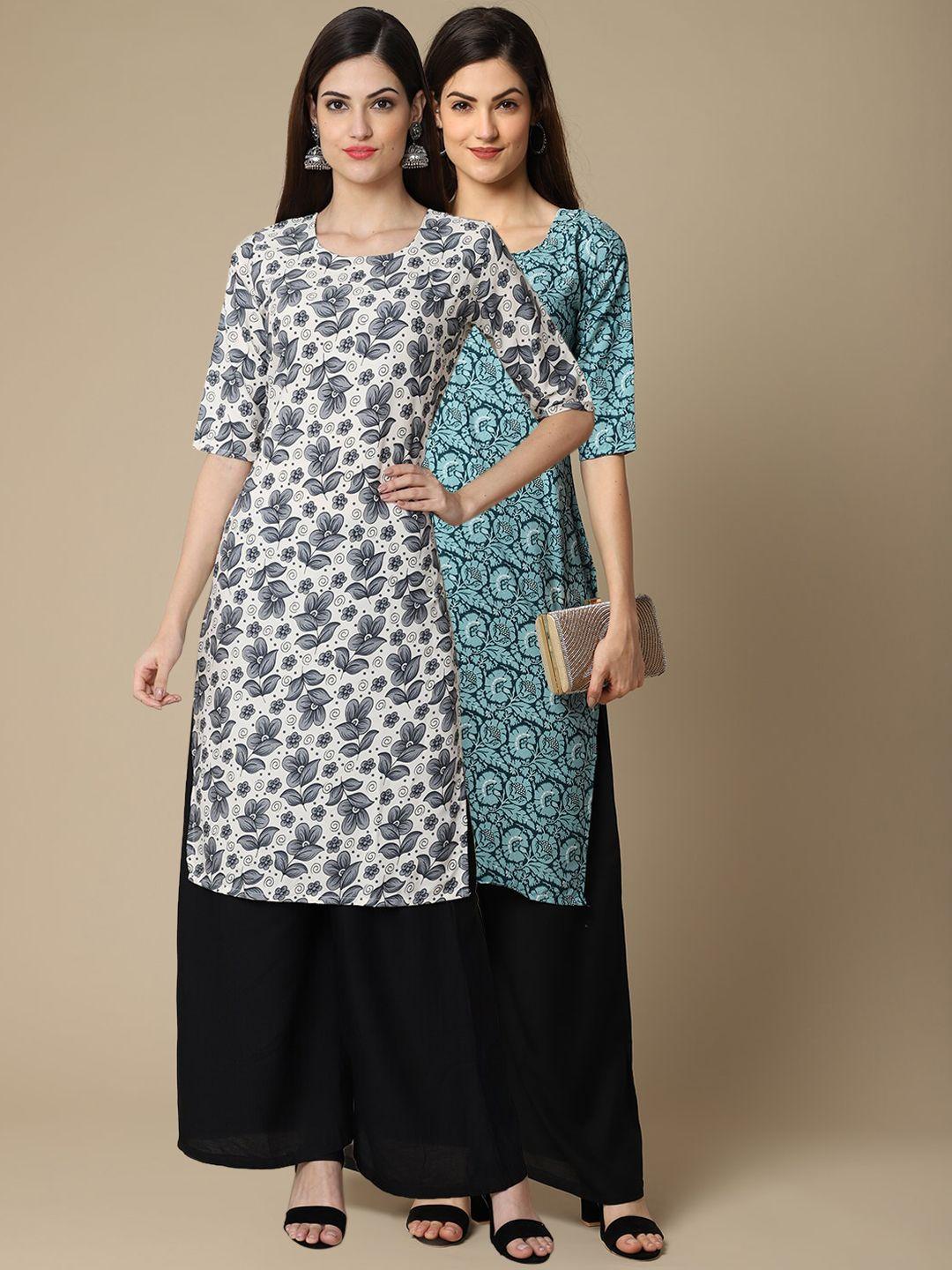 kalini women pack of 2 white & blue floral printed block print crepe kurta